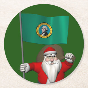 Santa Claus With Ensign Of Washington Round Paper Coaster