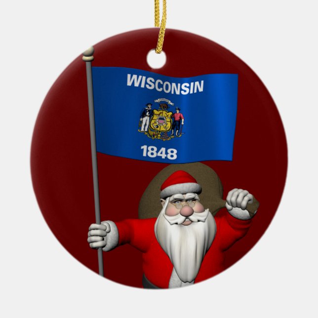 Santa Claus With Ensign Of Wisconsin Ceramic Ornament (Front)