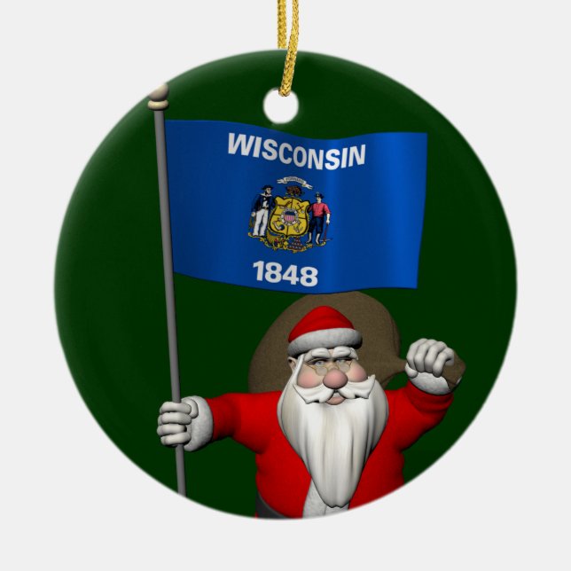 Santa Claus With Ensign Of Wisconsin Ceramic Ornament (Front)