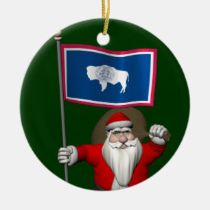 Santa Claus With Ensign Of Wyoming Ceramic Ornament