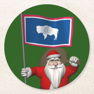 Santa Claus With Ensign Of Wyoming Round Paper Coaster