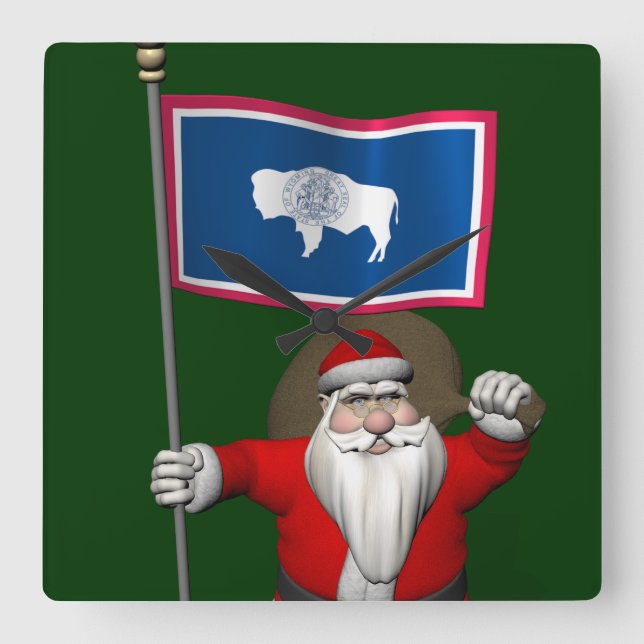 Santa Claus With Ensign Of Wyoming Square Wall Clock (Front)