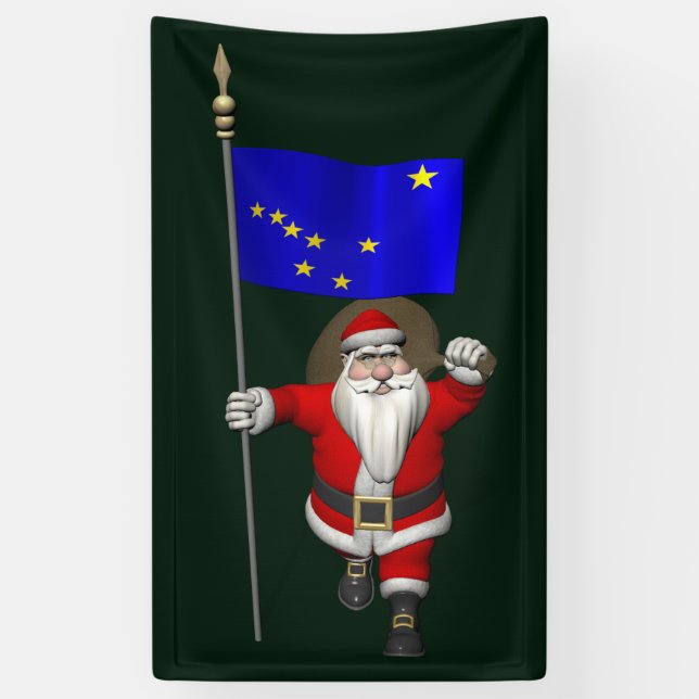 Santa Claus With Flag Of Alaska Banner (Vertical)