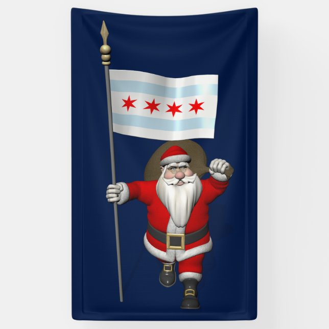 Santa Claus With Flag Of Chicago Banner (Vertical)