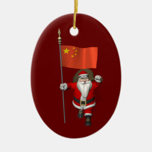 Santa Claus With Flag Of China Ceramic Ornament