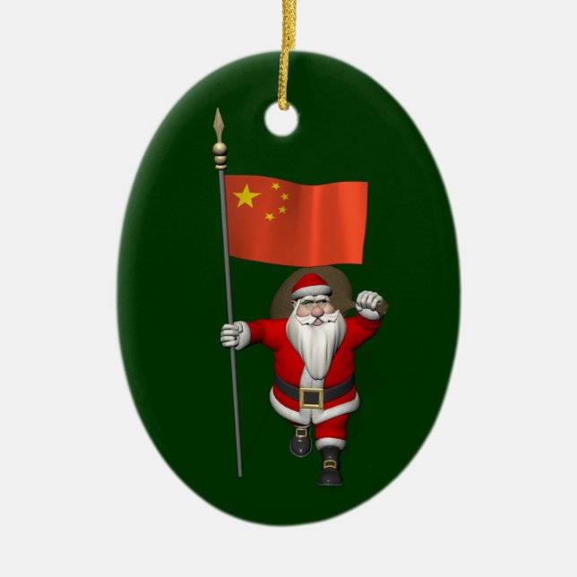 Santa Claus With Flag Of China Ceramic Ornament (Front)