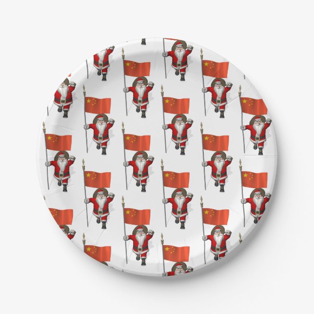 Santa Claus With Flag Of China Paper Plate (Front)