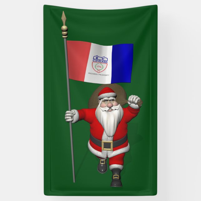 Santa Claus With Flag Of Cleveland Ohio Banner (Vertical)