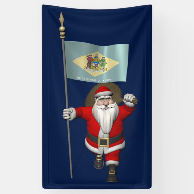 Santa Claus With Flag Of Delaware Banner (Vertical)