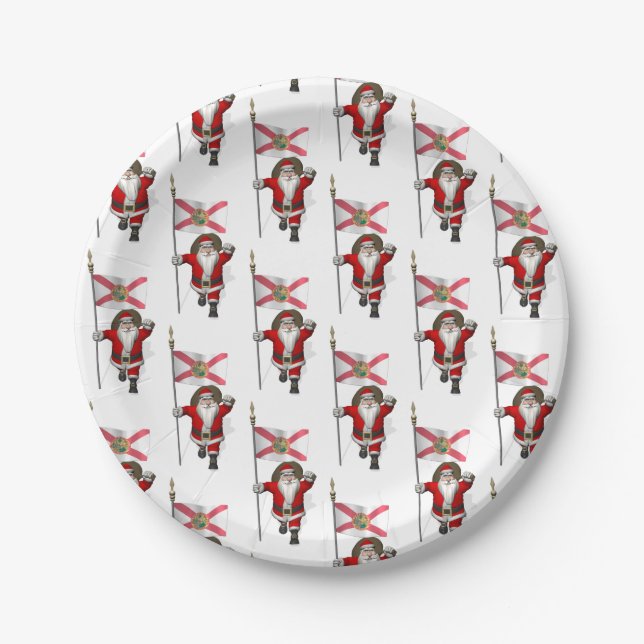 Santa Claus With Flag Of Florida Paper Plate (Front)