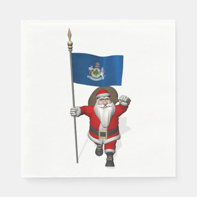 Santa Claus With Flag Of Maine Napkin (Front)