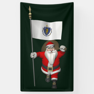 Santa Claus With Flag Of Massachusetts Banner