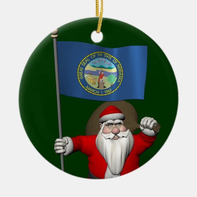 Santa Claus With Flag Of Nebraska Ceramic Ornament (Front)