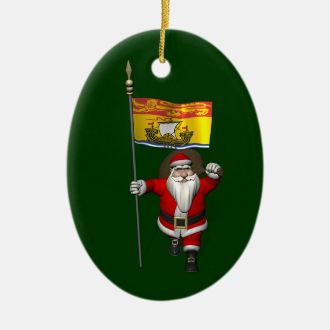 Santa Claus With Flag Of New Brunswick CDN Ceramic Ornament (Front)