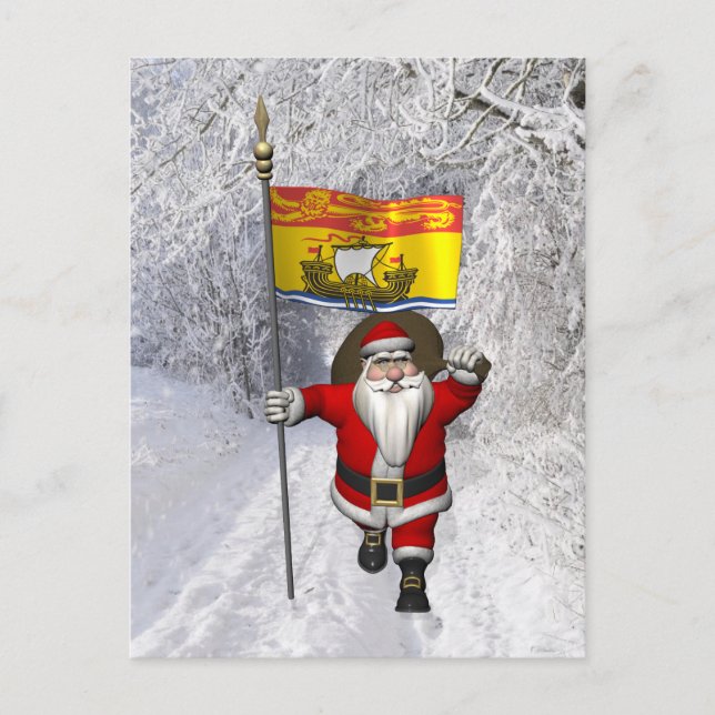 Santa Claus With Flag Of New Brunswick CDN Holiday Postcard (Front)