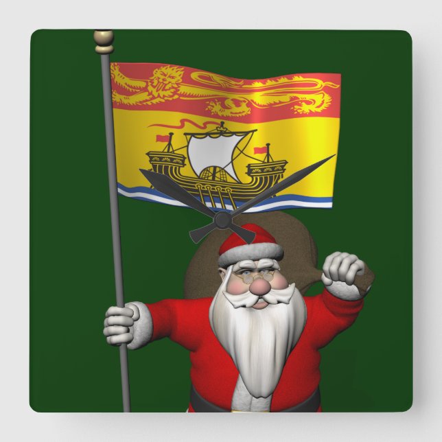Santa Claus With Flag Of New Brunswick CDN Square Wall Clock (Front)