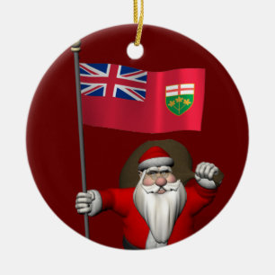 Santa Claus With Flag Of Ontario CDN Ceramic Ornament