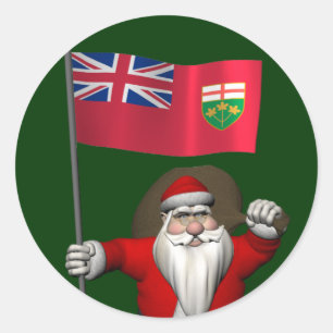 Santa Claus With Flag Of Ontario CDN Classic Round Sticker