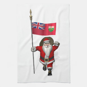 Santa Claus With Flag Of Ontario CDN Kitchen Towel