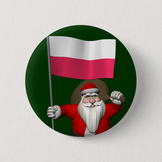 Santa Claus With Flag Of Poland 2 Inch Round Button (Front)
