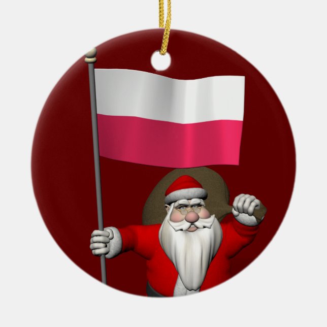 Santa Claus With Flag Of Poland Ceramic Ornament (Front)