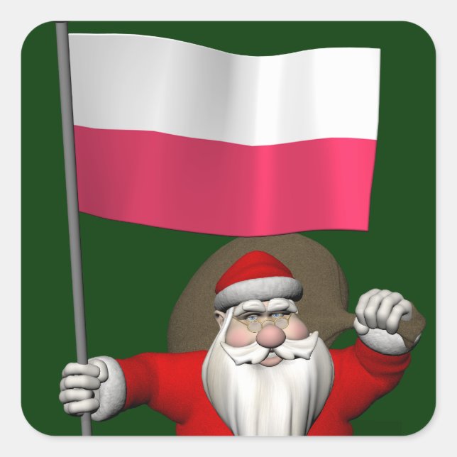 Santa Claus With Flag Of Poland Square Sticker (Front)