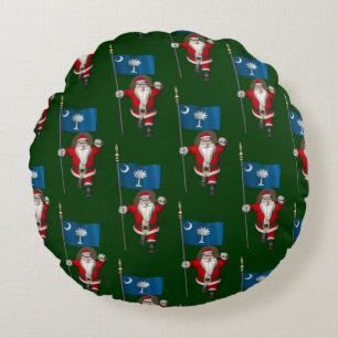 Santa Claus With Flag Of South Carolina Round Pillow