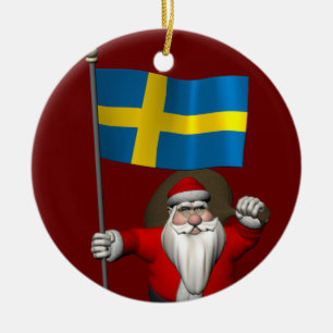Santa Claus With Flag Of Sweden Ceramic Ornament