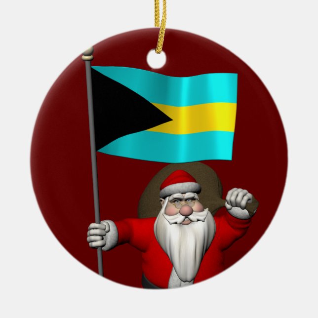 Santa Claus With Flag Of The Bahamas Ceramic Ornament (Front)