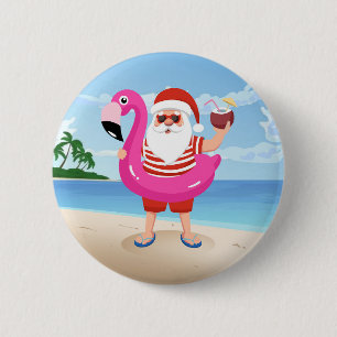 Santa Claus with flamingo inflatable ring 2 Inch Round Button