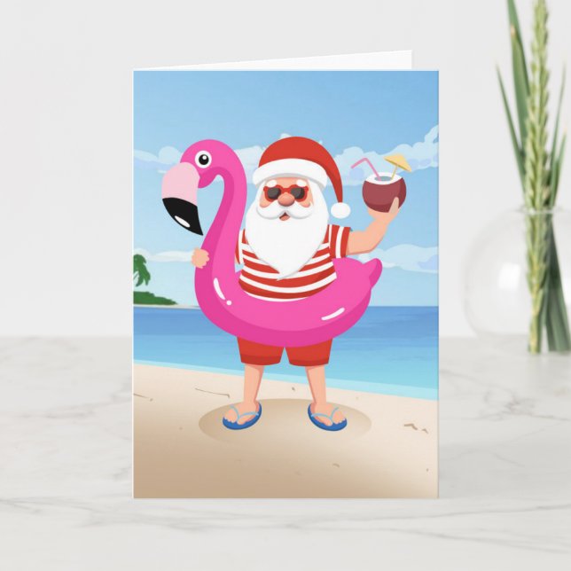 Santa Claus with flamingo inflatable ring Card (Front)