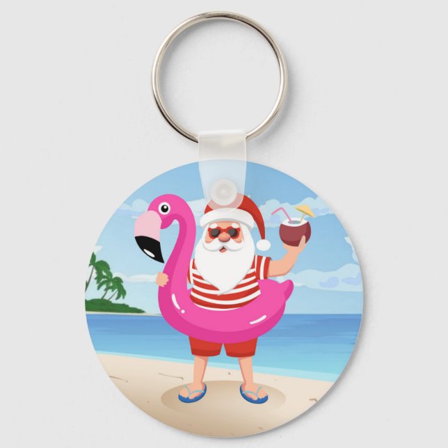 Santa Claus with flamingo inflatable ring Keychain (Front)