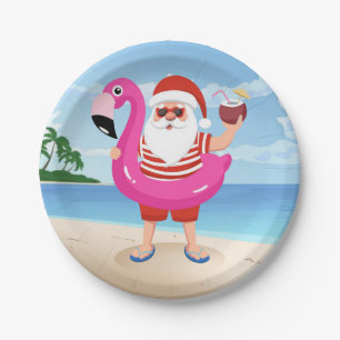 Santa Claus with flamingo inflatable ring Paper Plate