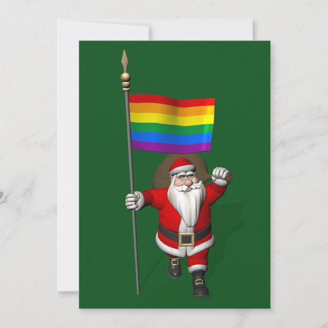 Santa Claus With Gay Pride Rainbow Flag Holiday Card (Front)