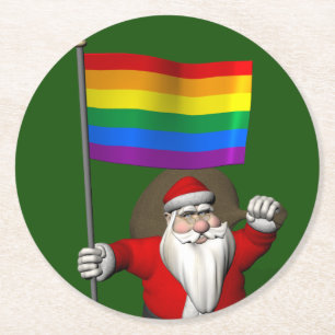 Santa Claus With Gay Pride Rainbow Flag Round Paper Coaster