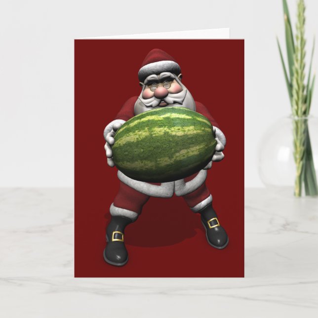 Santa Claus With Huge Watermelon Holiday Card (Front)