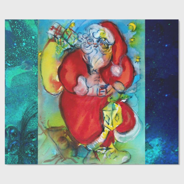 SANTA CLAUS WITH LANTERN IN CHRISTMAS NIGHT WRAPPING PAPER (Flat)