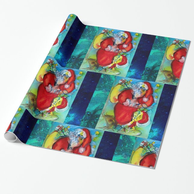 SANTA CLAUS WITH LANTERN IN CHRISTMAS NIGHT WRAPPING PAPER (Unrolled)