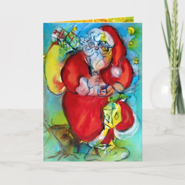 SANTA CLAUS  WITH LANTERN IN THE CHRISTMAS NIGHT HOLIDAY CARD (Front)