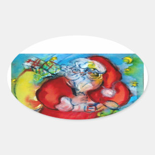 SANTA CLAUS  WITH LANTERN IN THE CHRISTMAS NIGHT OVAL STICKER