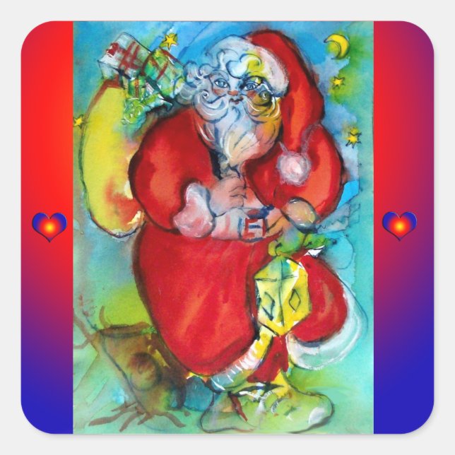 SANTA CLAUS  WITH LANTERN IN THE CHRISTMAS NIGHT SQUARE STICKER (Front)