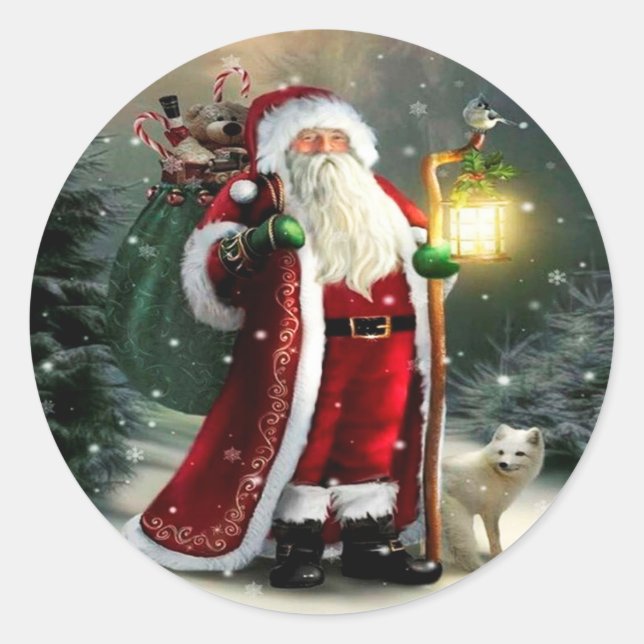 Santa Claus With Lantern Round Sticker (Front)