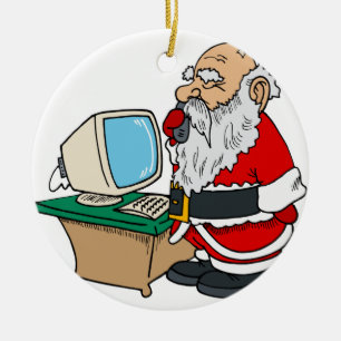 santa claus with phone and computer ceramic ornament