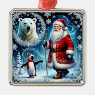 Santa Claus With Polar Bear And Penguin Metal Ornament