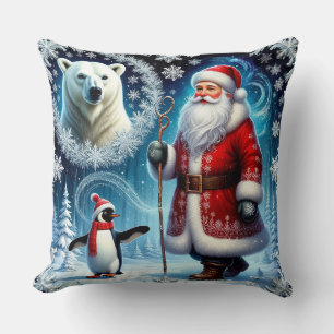 Santa Claus With Polar Bear And Penguin Throw Pillow
