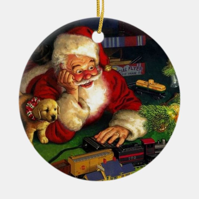 Santa Claus With Puppy Ceramic Ornament (Front)