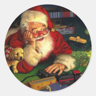 Santa Claus With Puppy Classic Round Sticker