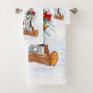 Santa Claus with Rabbit Fox and Squirrel Bath Towel Set