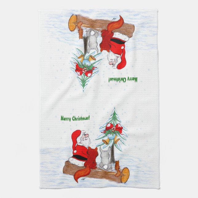 Santa Claus with Rabbit Fox and Squirrel Kitchen Towel (Vertical)