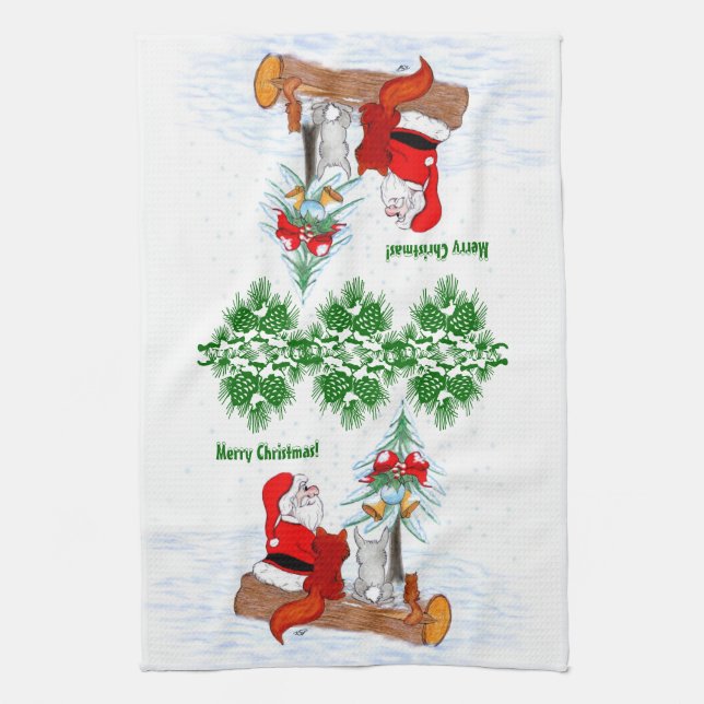 Santa Claus with Rabbit Fox and Squirrel Kitchen Towel (Vertical)